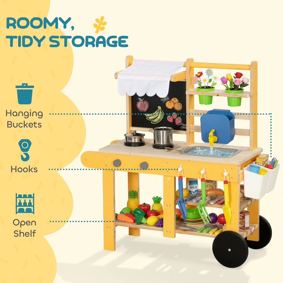 Image 921566_ALTMORE7.jpg, Product 921-566 / Price $89.99, Qaba Mud Kitchen with Wheels, Sink, Stove, Shelf and Blackboard, Yellow from Qaba on TSC.ca's Toys & Hobbies department