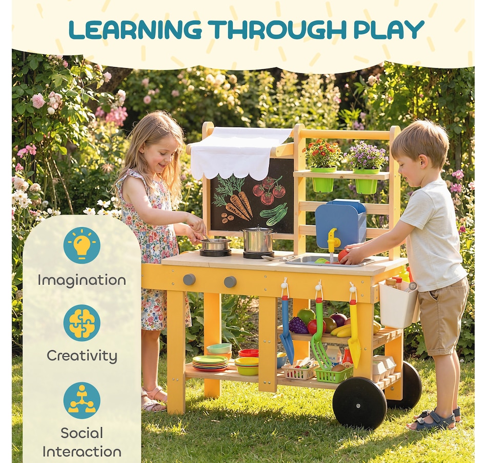 Image 921566_ALTMORE8.jpg, Product 921-566 / Price $99.99, Qaba Mud Kitchen with Wheels, Sink, Stove, Shelf and Blackboard, Yellow from Qaba on TSC.ca's Toys & Hobbies department