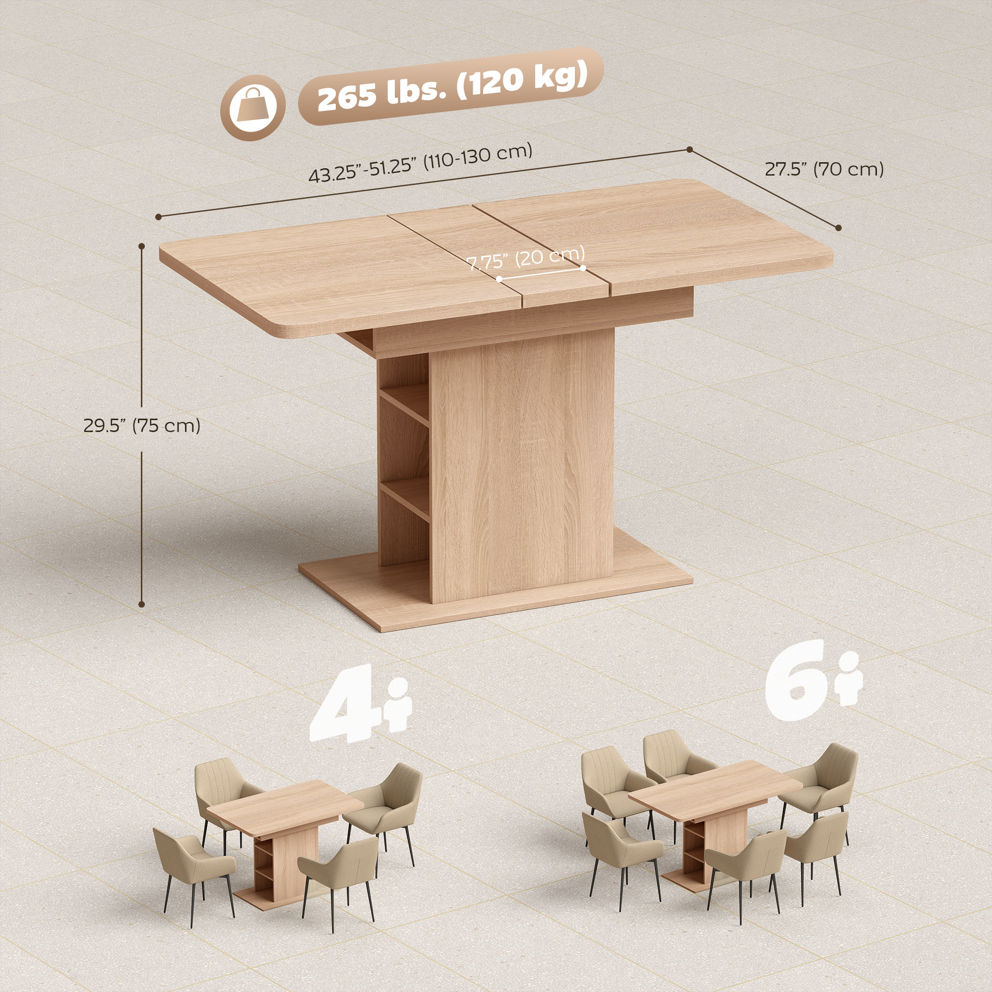 HOMCOM Extendable Dining Table for 4-6, Rectangular Kitchen Table