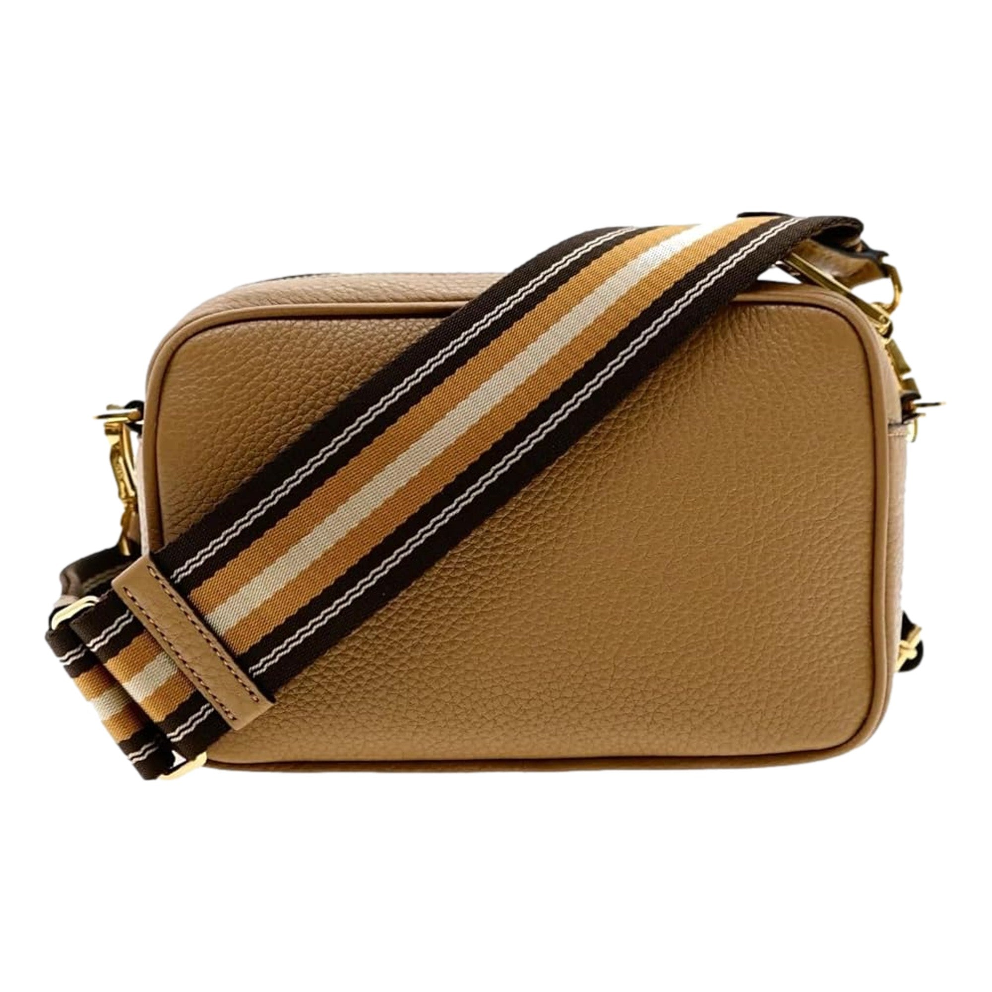 Prada Tan Caramel Pebbled Leather Crossbody Bag Web Stripe Strap