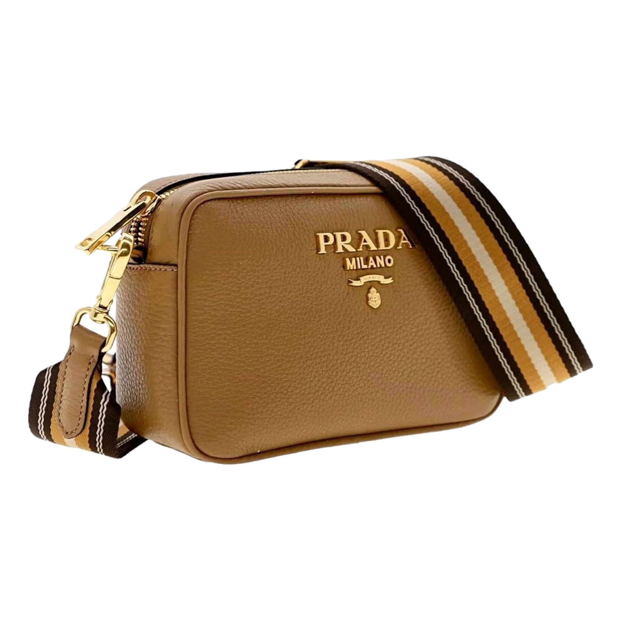 Prada Tan Caramel Pebbled Leather Crossbody Bag Web Stripe Strap