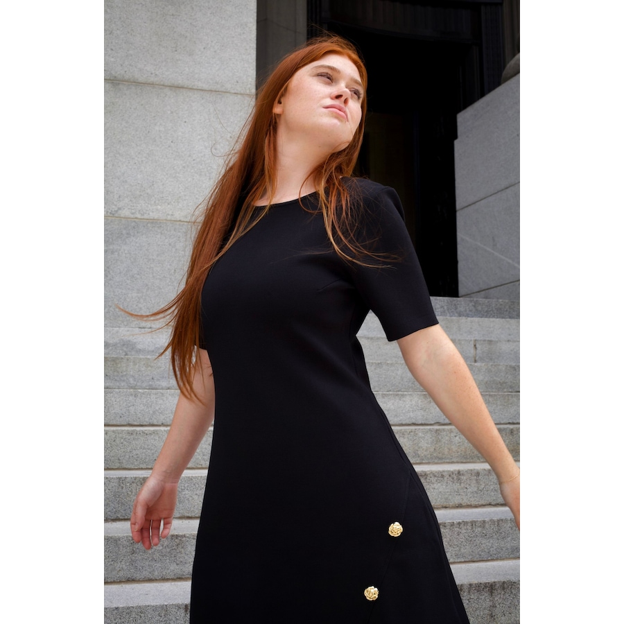 Image 922582_ALTMORE2.jpg, Product 922-582 / Price $71.85, Cleo Black A-Line Dress Short Sleeves Gold Button Front Detail from ANNICK on TSC.ca's Fashion department