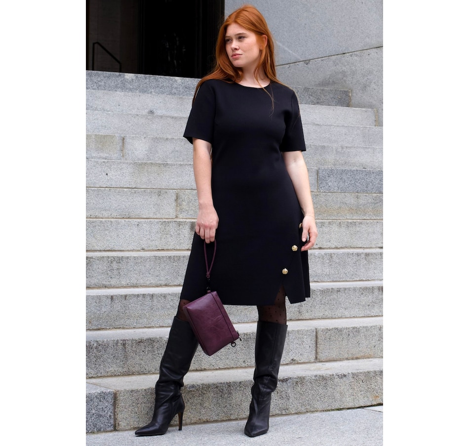 Image 922582_ALTMORE7.jpg, Product 922-582 / Price $71.85, Cleo Black A-Line Dress Short Sleeves Gold Button Front Detail from ANNICK on TSC.ca's Fashion department