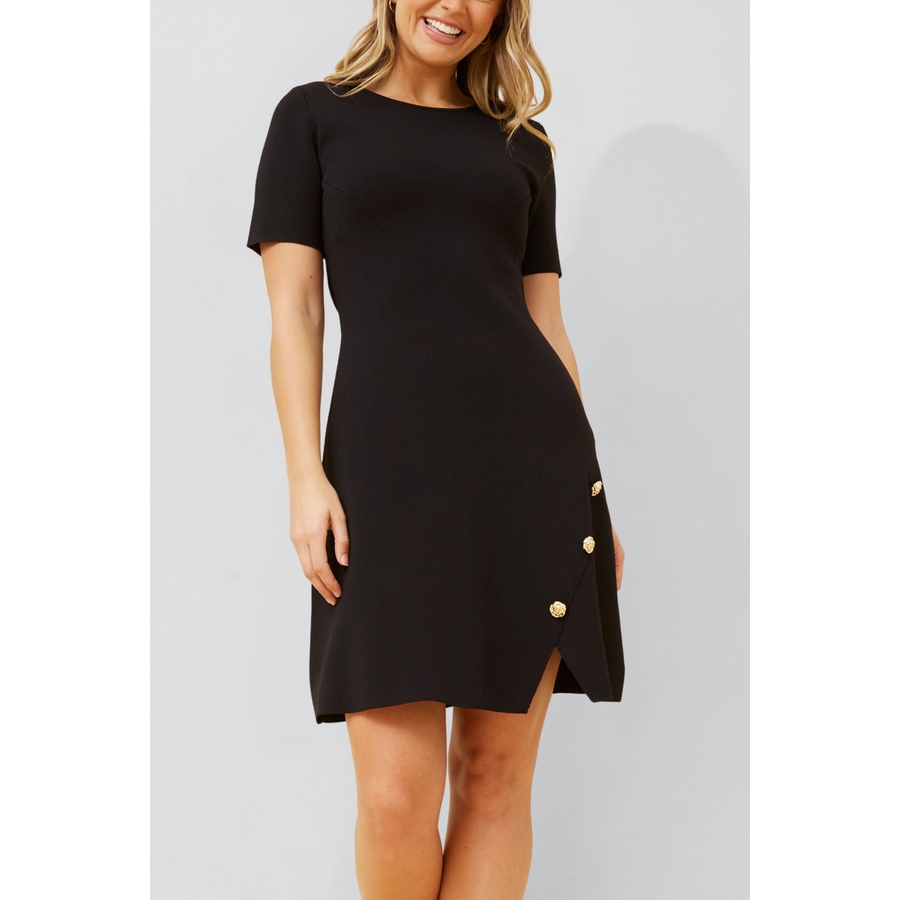 Image 922582_ALTMORE8.jpg, Product 922-582 / Price $71.85, Cleo Black A-Line Dress Short Sleeves Gold Button Front Detail from ANNICK on TSC.ca's Fashion department