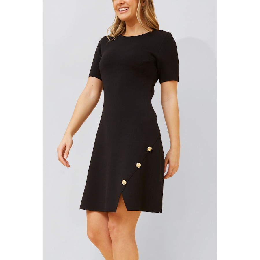 Image 922582_ALTMORE9.jpg, Product 922-582 / Price $71.85, Cleo Black A-Line Dress Short Sleeves Gold Button Front Detail from ANNICK on TSC.ca's Fashion department