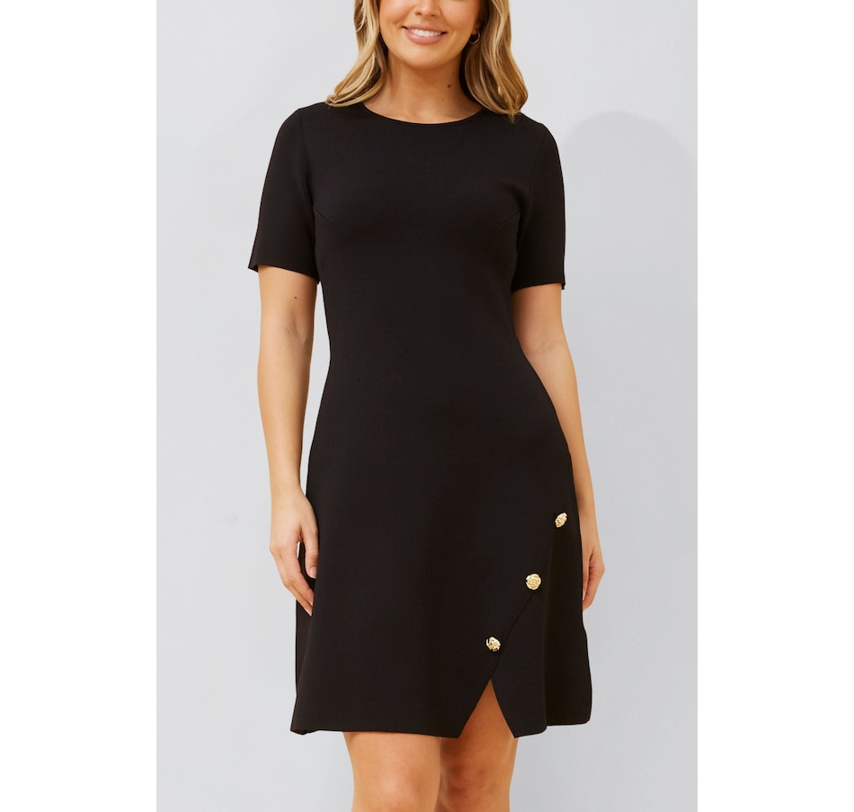 Image 922582_ST01.jpg, Product 922-582 / Price $71.85, Cleo Black A-Line Dress Short Sleeves Gold Button Front Detail from ANNICK on TSC.ca's Fashion department