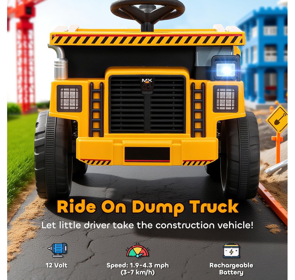 Image 922636_ALTMORE3.jpg, Product 922-636 / Price $189.99, Qaba Kids Ride On Dump Truck, 12V Ride On Toy with Electric Dump Bed, Yellow from Qaba on TSC.ca's Toys & Hobbies department