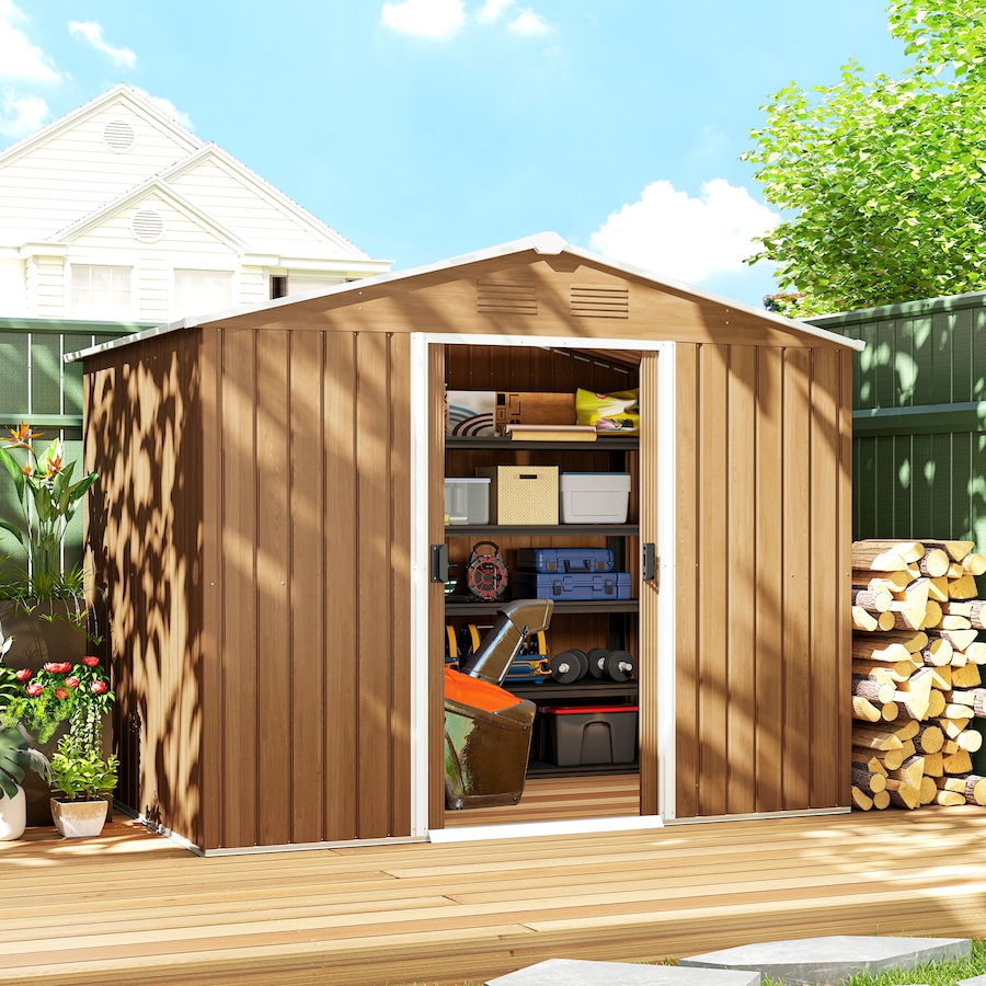 Image 923044_ALTMORE1.jpg, Product 923-044 / Price $349.99, Outsunny 8'x6' Metal Outdoor Storage Shed w/ Sliding Doors Dark Brown from Outsunny on TSC.ca's Home & Garden department