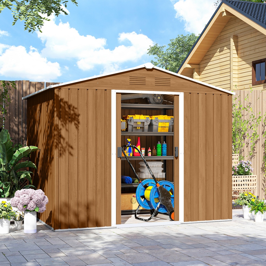 Image 923044_ALTMORE8.jpg, Product 923-044 / Price $349.99, Outsunny 8'x6' Metal Outdoor Storage Shed w/ Sliding Doors Dark Brown from Outsunny on TSC.ca's Home & Garden department
