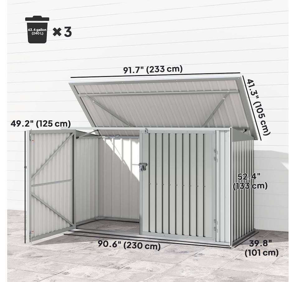 Image 923048_ALTMORE2.jpg, Product 923-048 / Price $449.99, Outsunny 7.6 x 3.4ft Garbage Bin Shed with Lockable Doors, Lid, Silver Grey from Outsunny on TSC.ca's Home & Garden department