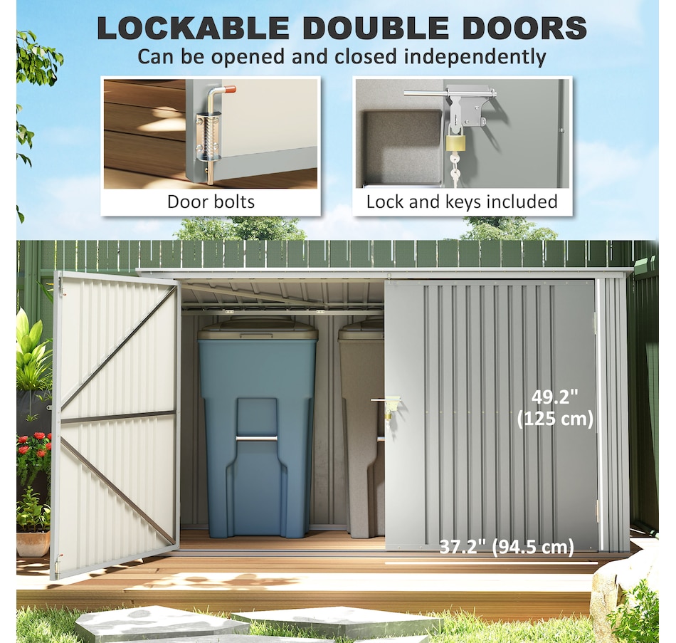 Image 923048_ALTMORE5.jpg, Product 923-048 / Price $449.99, Outsunny 7.6 x 3.4ft Garbage Bin Shed with Lockable Doors, Lid, Silver Grey from Outsunny on TSC.ca's Home & Garden department