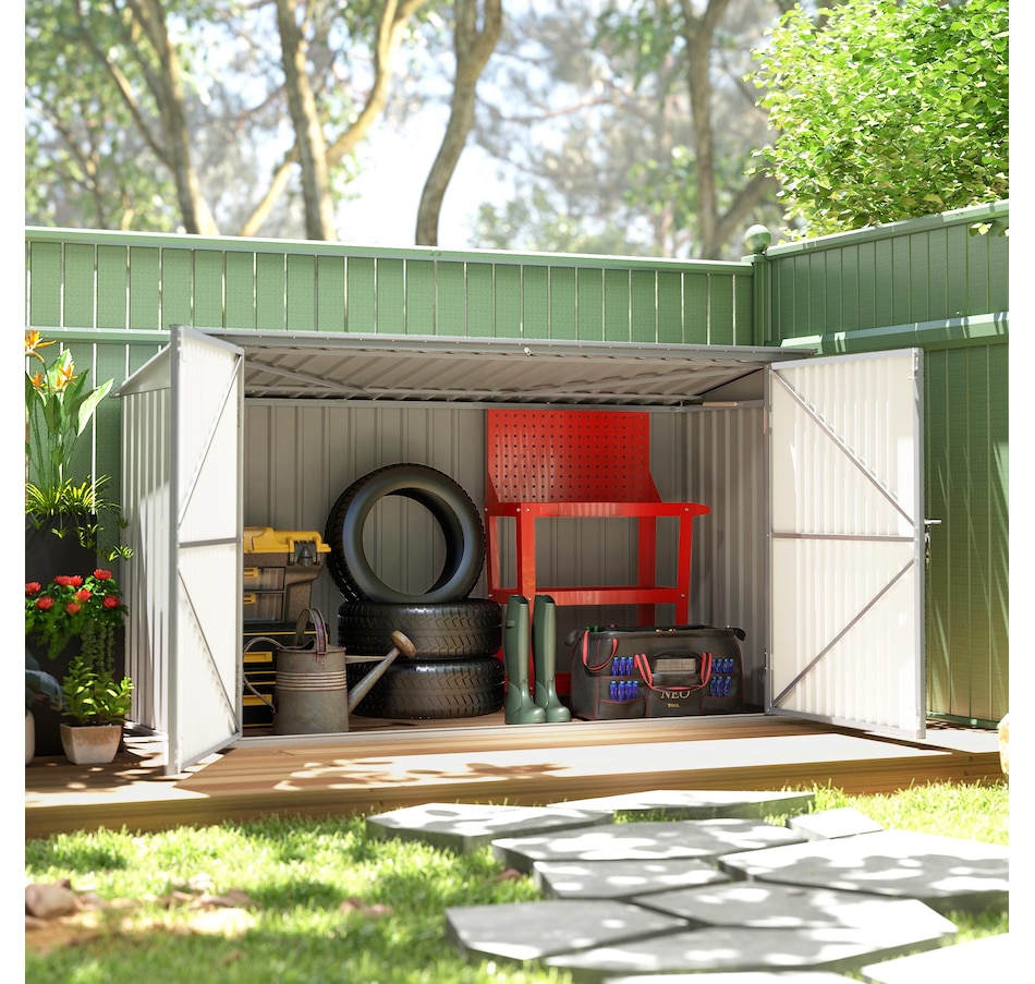 Image 923048_ALTMORE7.jpg, Product 923-048 / Price $449.99, Outsunny 7.6 x 3.4ft Garbage Bin Shed with Lockable Doors, Lid, Silver Grey from Outsunny on TSC.ca's Home & Garden department