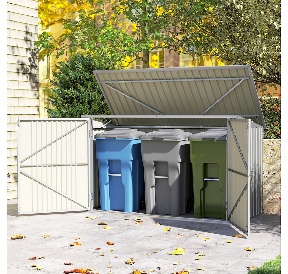 Image 923048_ALTMORE8.jpg, Product 923-048 / Price $449.99, Outsunny 7.6 x 3.4ft Garbage Bin Shed with Lockable Doors, Lid, Silver Grey from Outsunny on TSC.ca's Home & Garden department