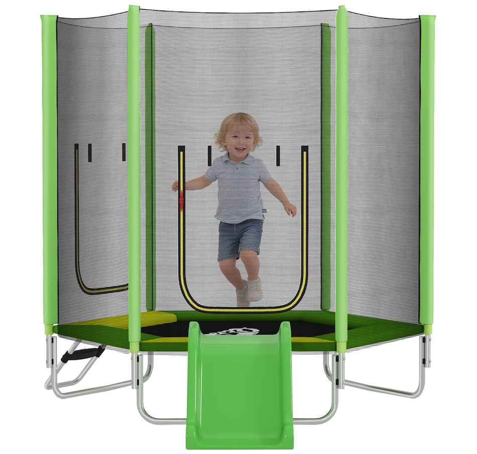 Image 923096.jpg, Product 923-096 / Price $176.99, Qaba 85" Trampoline for Kids with Slide, Ladder and Safety Enclosure, Green from Qaba on TSC.ca's Home & Garden department