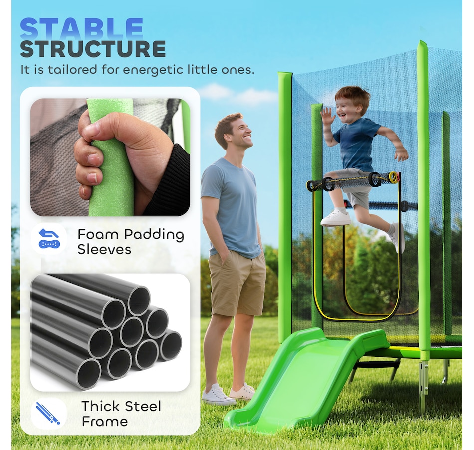 Image 923096_ALTMORE3.jpg, Product 923-096 / Price $176.99, Qaba 85" Trampoline for Kids with Slide, Ladder and Safety Enclosure, Green from Qaba on TSC.ca's Home & Garden department