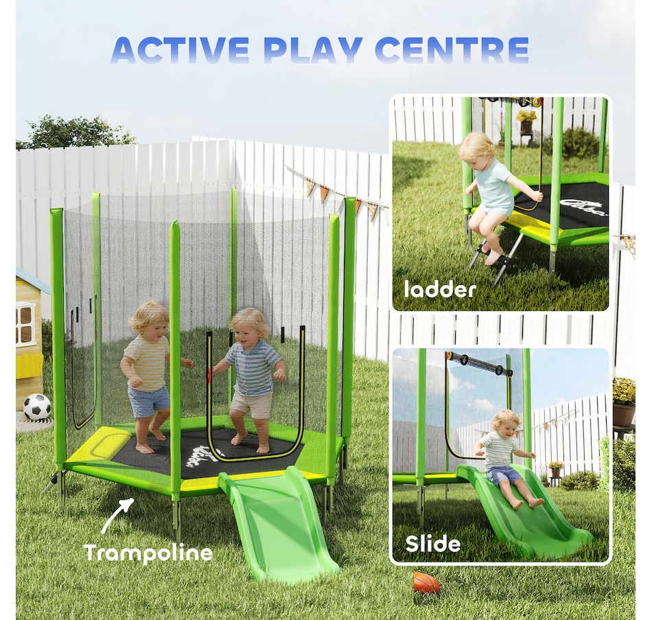 Image 923096_ALTMORE7.jpg, Product 923-096 / Price $176.99, Qaba 85" Trampoline for Kids with Slide, Ladder and Safety Enclosure, Green from Qaba on TSC.ca's Home & Garden department