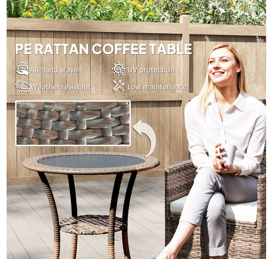 Image 923155_ALTMORE3.jpg, Product 923-155 / Price $84.99, Outsunny Wicker Dining Table w/ 2-Tier Shelf, Round Coffee Table, Brown from Outsunny on TSC.ca's Home & Garden department