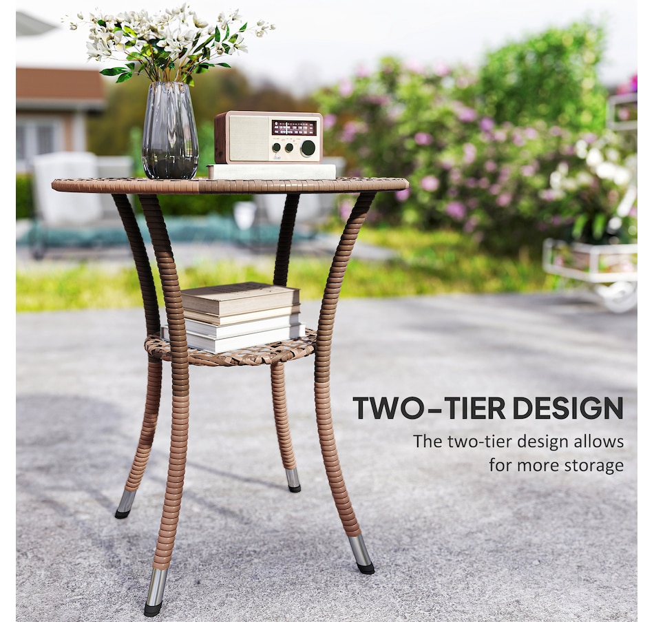 Image 923155_ALTMORE4.jpg, Product 923-155 / Price $84.99, Outsunny Wicker Dining Table w/ 2-Tier Shelf, Round Coffee Table, Brown from Outsunny on TSC.ca's Home & Garden department