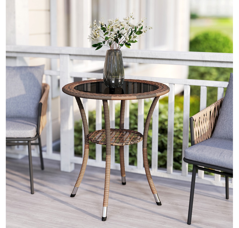 Image 923155_ALTMORE8.jpg, Product 923-155 / Price $84.99, Outsunny Wicker Dining Table w/ 2-Tier Shelf, Round Coffee Table, Brown from Outsunny on TSC.ca's Home & Garden department