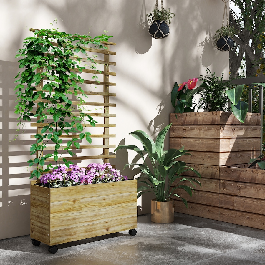 Image 923277_ALTMORE1.jpg, Product 923-277 / Price $99.99, Outsunny Wooden Planter with Trellis, Wheels, Raised Garden Bed, Natural from Outsunny on TSC.ca's Home & Garden department