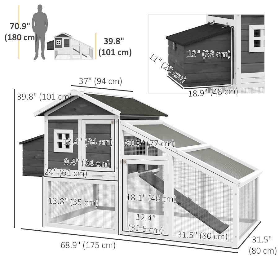 Image 923474_ALTMORE2.jpg, Product 923-474 / Price $239.99, PawHut 69" Chicken Coop Wooden Hen House with Run, Nesting Box, Tray, Grey from PawHut on TSC.ca's Home & Garden department