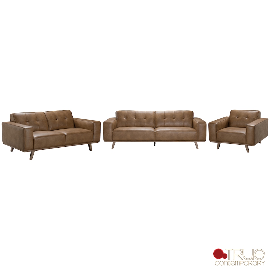 Image 926716.png, Product 926-716 / Price $3,899.99, True Contemporary Sterling 3 Piece Tufted Sofa, Loveseat, and Chair Set in Premium Tan Faux Leather from True Contemporary on TSC.ca's Home & Garden department