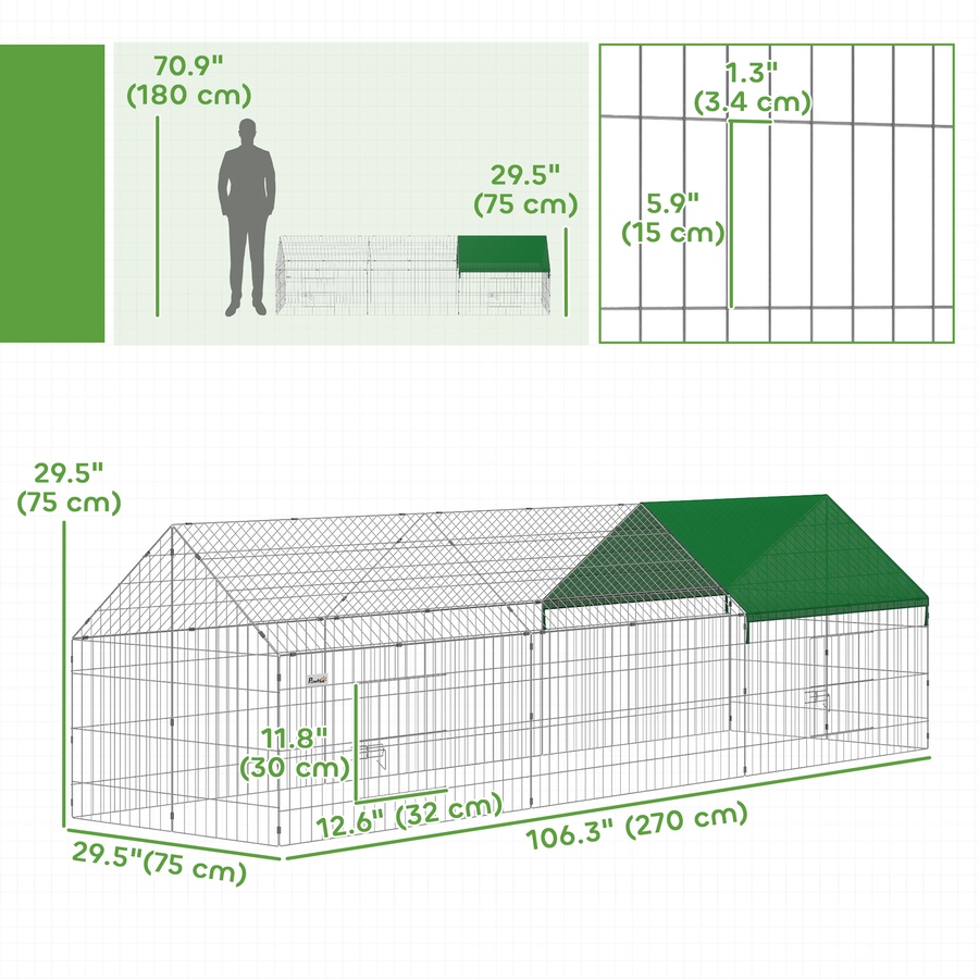Image 926744_ALTMORE2.jpg, Product 926-744 / Price $97.99, PawHut Metal Chicken Coop Small Animal Cage 106" x 29.5" x 29.5" Green from PawHut on TSC.ca's Home & Garden department