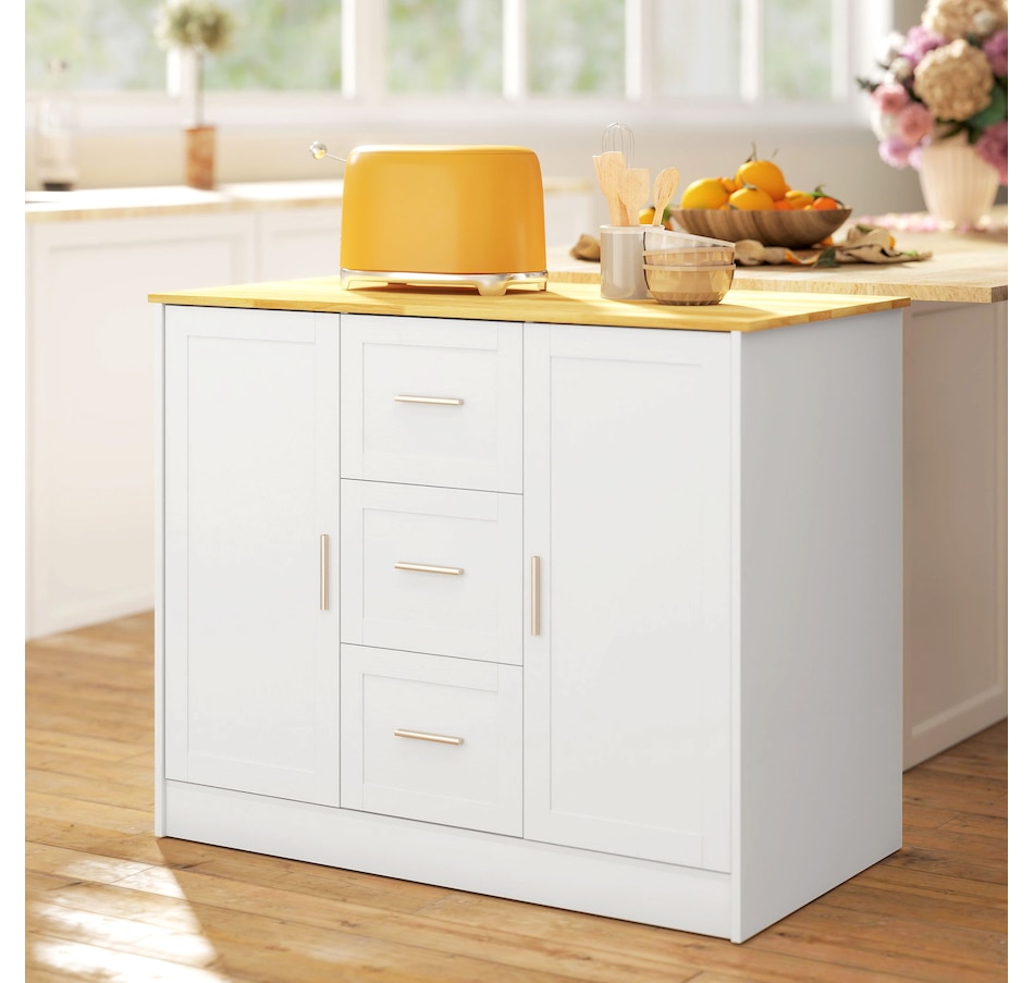 Image 927065_ALTMORE8.jpg, Product 927-065 / Price $249.99, HOMCOM Kitchen Island with Sitting Space 2 Storage Cabinets 3 Drawers White from HOMCOM on TSC.ca's Home & Garden department