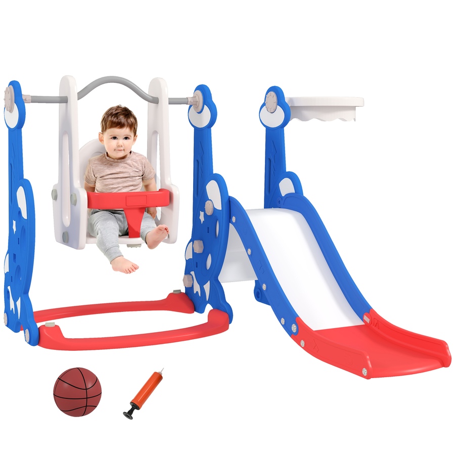 Image 928862.jpg, Product 928-862 / Price $139.99, Qaba 4-in-1 Slide and Swing Set with Basketball Hoop, Climber, Dark Blue from Qaba on TSC.ca's Home & Garden department