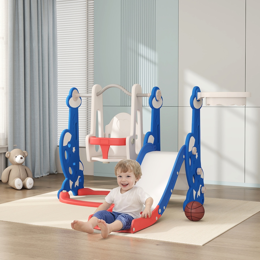 Image 928862_ALTMORE1.jpg, Product 928-862 / Price $139.99, Qaba 4-in-1 Slide and Swing Set with Basketball Hoop, Climber, Dark Blue from Qaba on TSC.ca's Home & Garden department