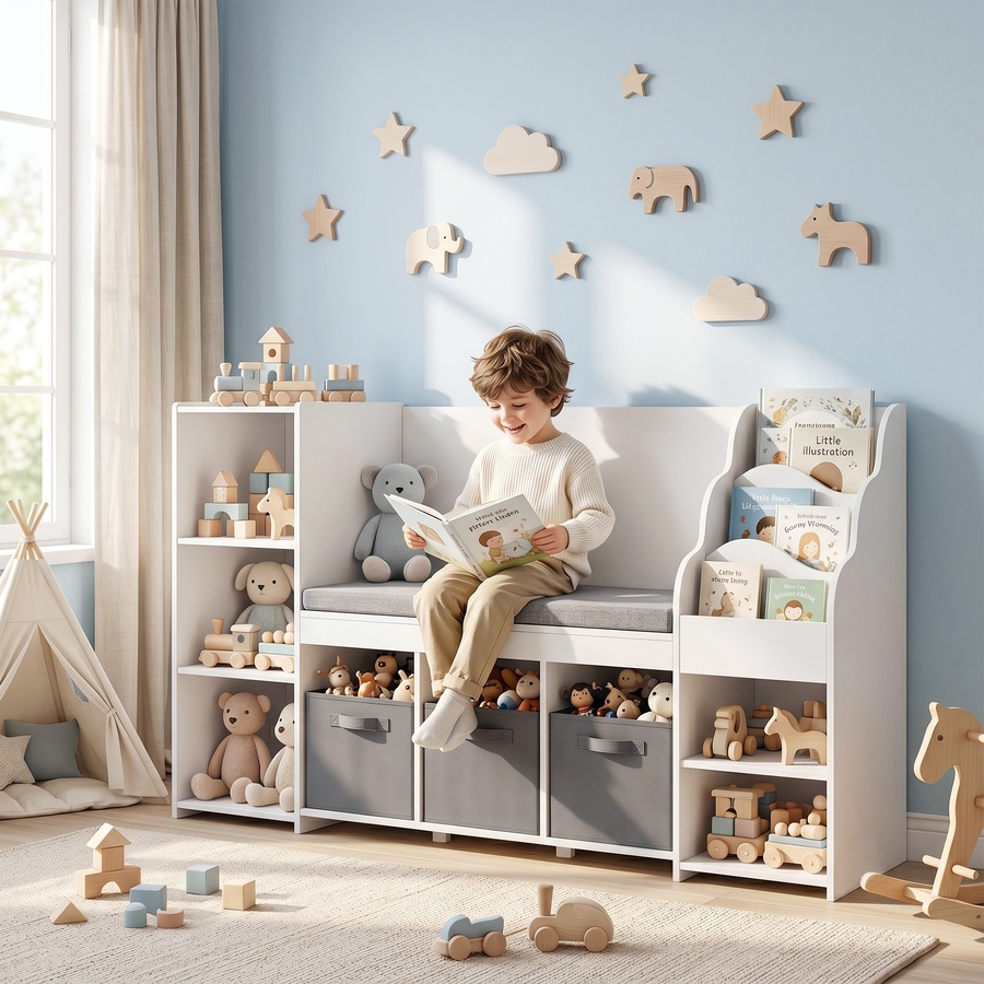 Image 928897_ALTMORE1.jpg, Product 928-897 / Price $206.99, Qaba Kids Storage Shelf with Reading Nook, 3 Fabric Drawers for Playroom from Qaba on TSC.ca's Home & Garden department