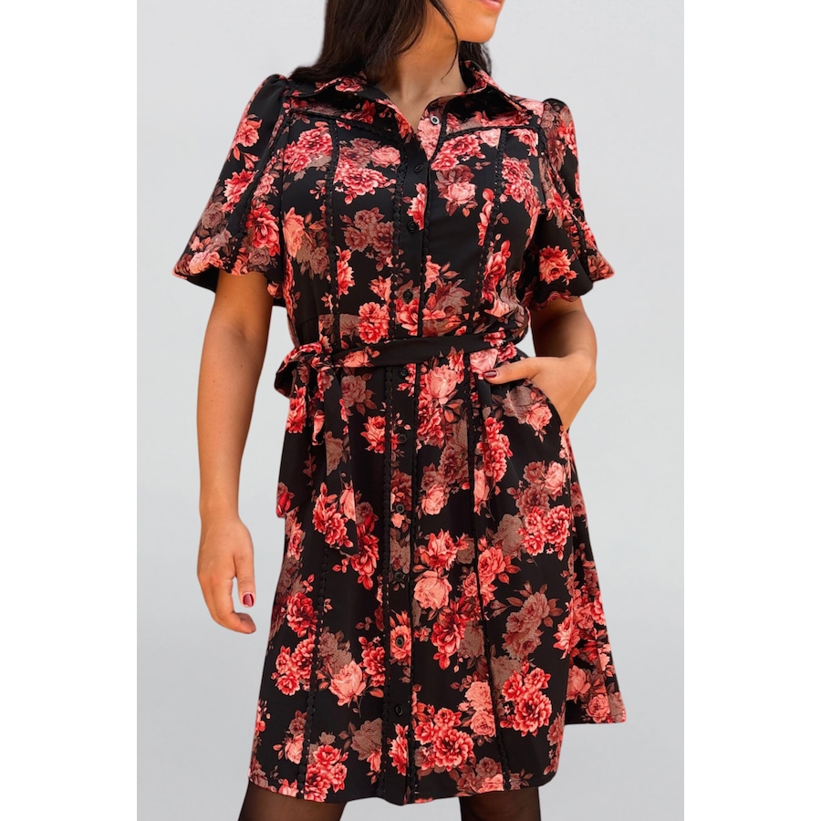 Image 929248_ALTMORE2.png, Product 929-248 / Price $71.85, Ruby Black Floral Print Shirt Dress Belted Short Sleeves Button Front from ANNICK on TSC.ca's Fashion department