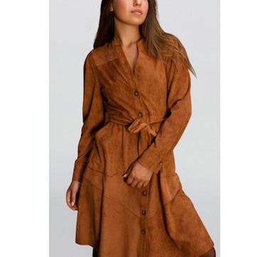 Anastasia Faux Suede Women's Dress Button-Up Front Belted Waist