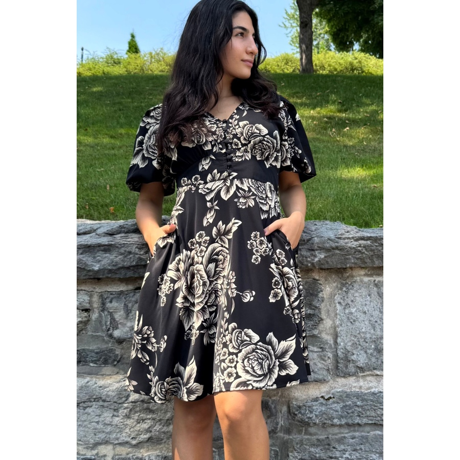 Image 929254_ALTMORE3.jpg, Product 929-254 / Price $87.44, Lottie Black Floral Fit and Flare Dress Flowy Sleeves from ANNICK on TSC.ca's Fashion department