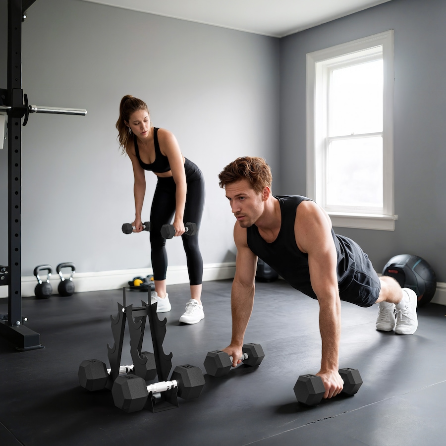 Image 929313_ALTMORE6.jpg, Product 929-313 / Price $159.99, Soozier 60 LBS Dumbbell Set with Rack, Rubber Coated Hex Hand Weights from Soozier on TSC.ca's Health & Fitness department