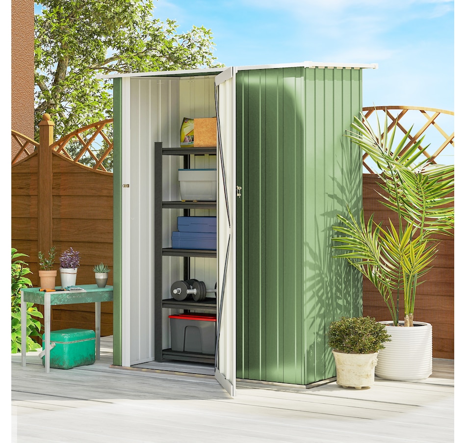 Image 929362_ALTMORE1.jpg, Product 929-362 / Price $311.99, Outsunny Garden Shed, Metal Tool Shed w/ Sloped Roof, Light Green from Outsunny on TSC.ca's Home & Garden department