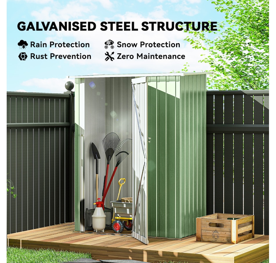 Image 929362_ALTMORE3.jpg, Product 929-362 / Price $311.99, Outsunny Garden Shed, Metal Tool Shed w/ Sloped Roof, Light Green from Outsunny on TSC.ca's Home & Garden department