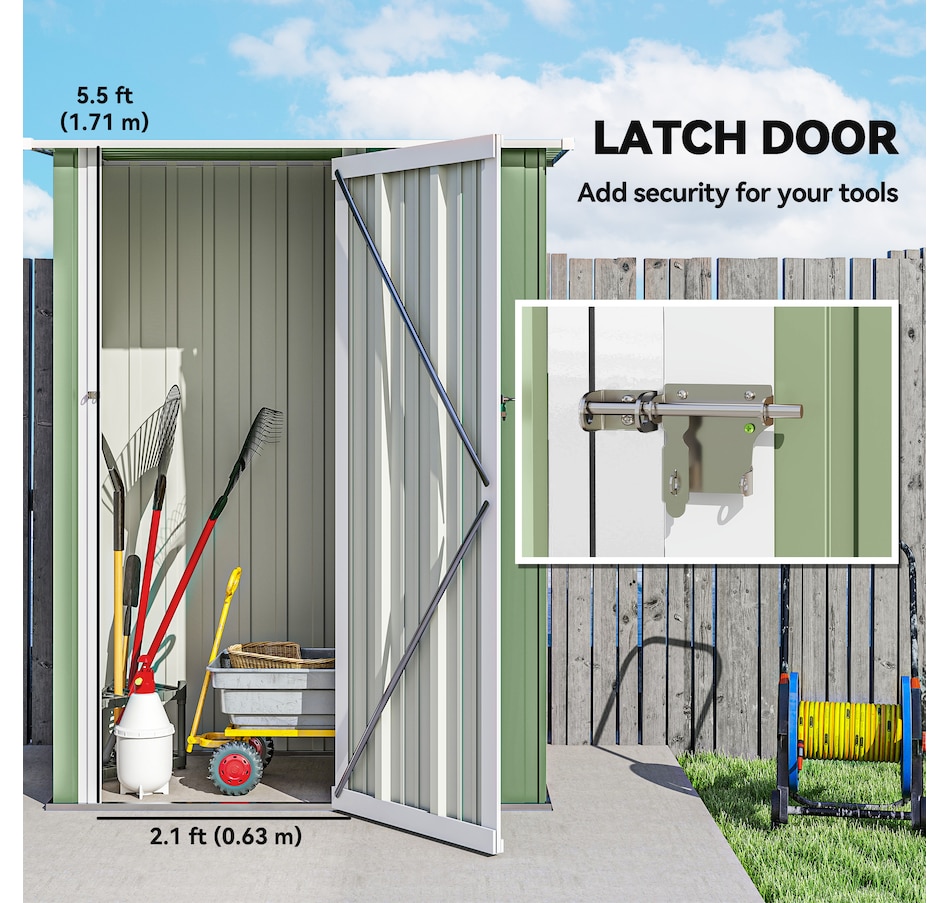 Image 929362_ALTMORE4.jpg, Product 929-362 / Price $311.99, Outsunny Garden Shed, Metal Tool Shed w/ Sloped Roof, Light Green from Outsunny on TSC.ca's Home & Garden department