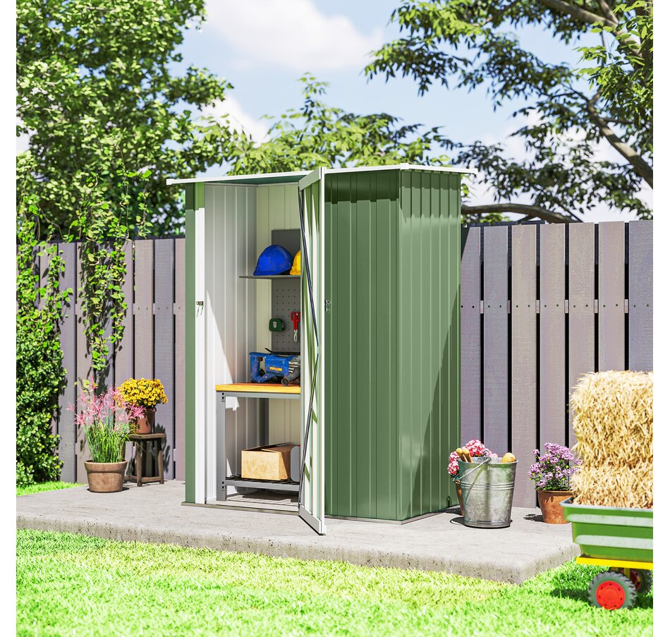 Image 929362_ALTMORE6.jpg, Product 929-362 / Price $311.99, Outsunny Garden Shed, Metal Tool Shed w/ Sloped Roof, Light Green from Outsunny on TSC.ca's Home & Garden department