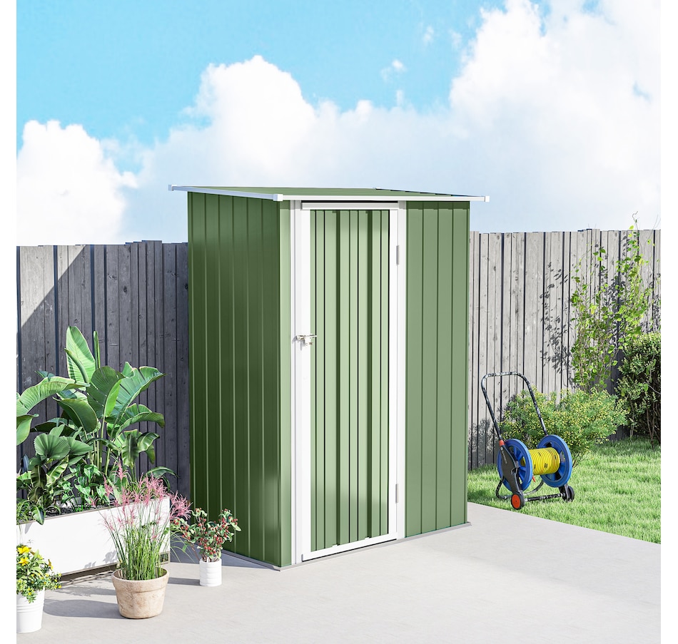 Image 929362_ALTMORE8.jpg, Product 929-362 / Price $311.99, Outsunny Garden Shed, Metal Tool Shed w/ Sloped Roof, Light Green from Outsunny on TSC.ca's Home & Garden department