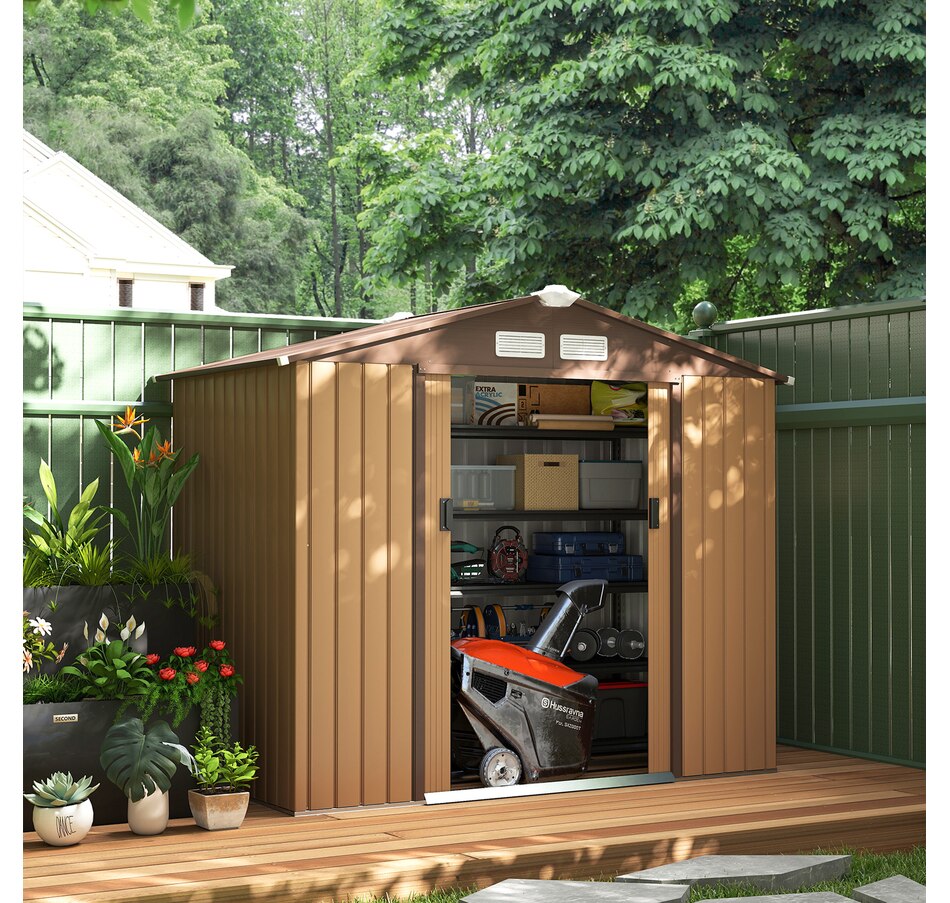 Image 929366_ALTMORE15.jpg, Product 929-366 / Price $339.99, 7' x 4' Garden Storage Shed w/ Foundation Kit and Double Doors Yellow from Outsunny on TSC.ca's Home & Garden department