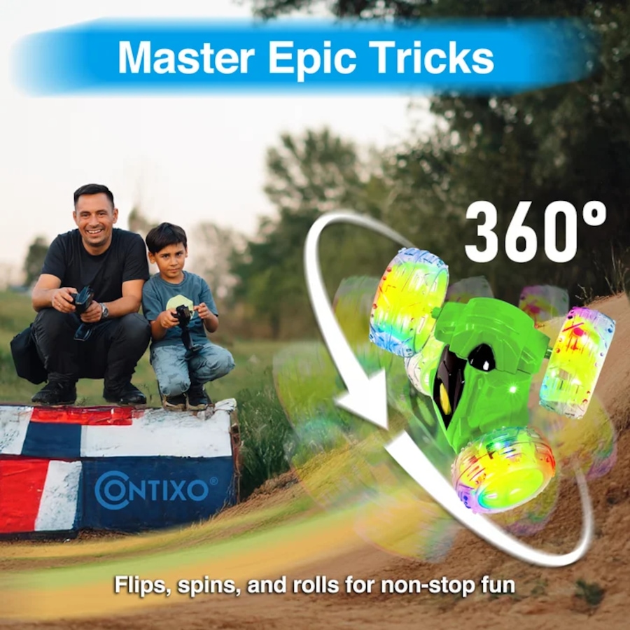 Image 929397_ALTMORE2.jpg, Product 929-397 / Price $41.99, Contixo SC3 RC Stunt Car 4WD – Double-Sided Remote Control Car with 360° Spins, LED Light Wheels & Rechargeable Battery from Contixo on TSC.ca's Toys & Hobbies department