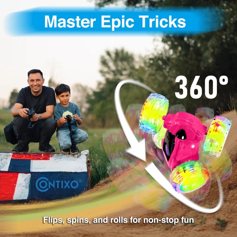 Image 929398_ALTMORE1.jpg, Product 929-398 / Price $41.99, Contixo SC3 RC Stunt Car 4WD – Double-Sided Remote Control Car with 360° Spins, LED Light Wheels & Rechargeable Battery from Contixo on TSC.ca's Toys & Hobbies department