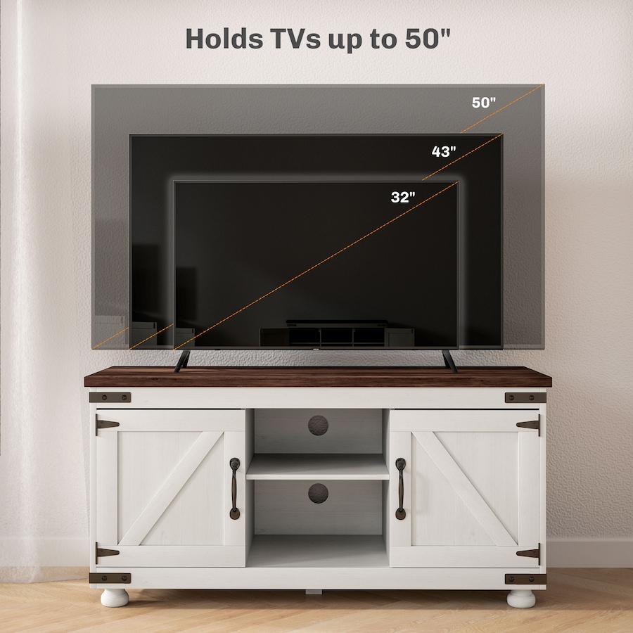 Image 929560_ALTMORE5.jpg, Product 929-560 / Price $182.99, HOMCOM Farmhouse TV Stand for up to 50" TV with Barn Doors Distressed White from HOMCOM on TSC.ca's Home & Garden department
