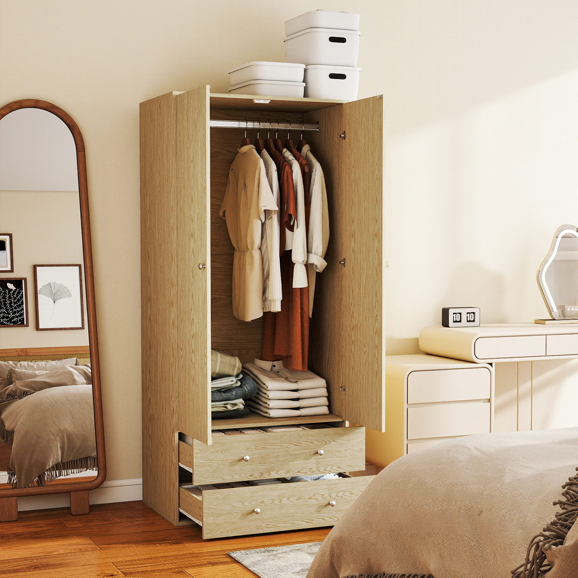 HOMCOM Wardrobe Closet Armoire with Drawers & Hanging Rail for