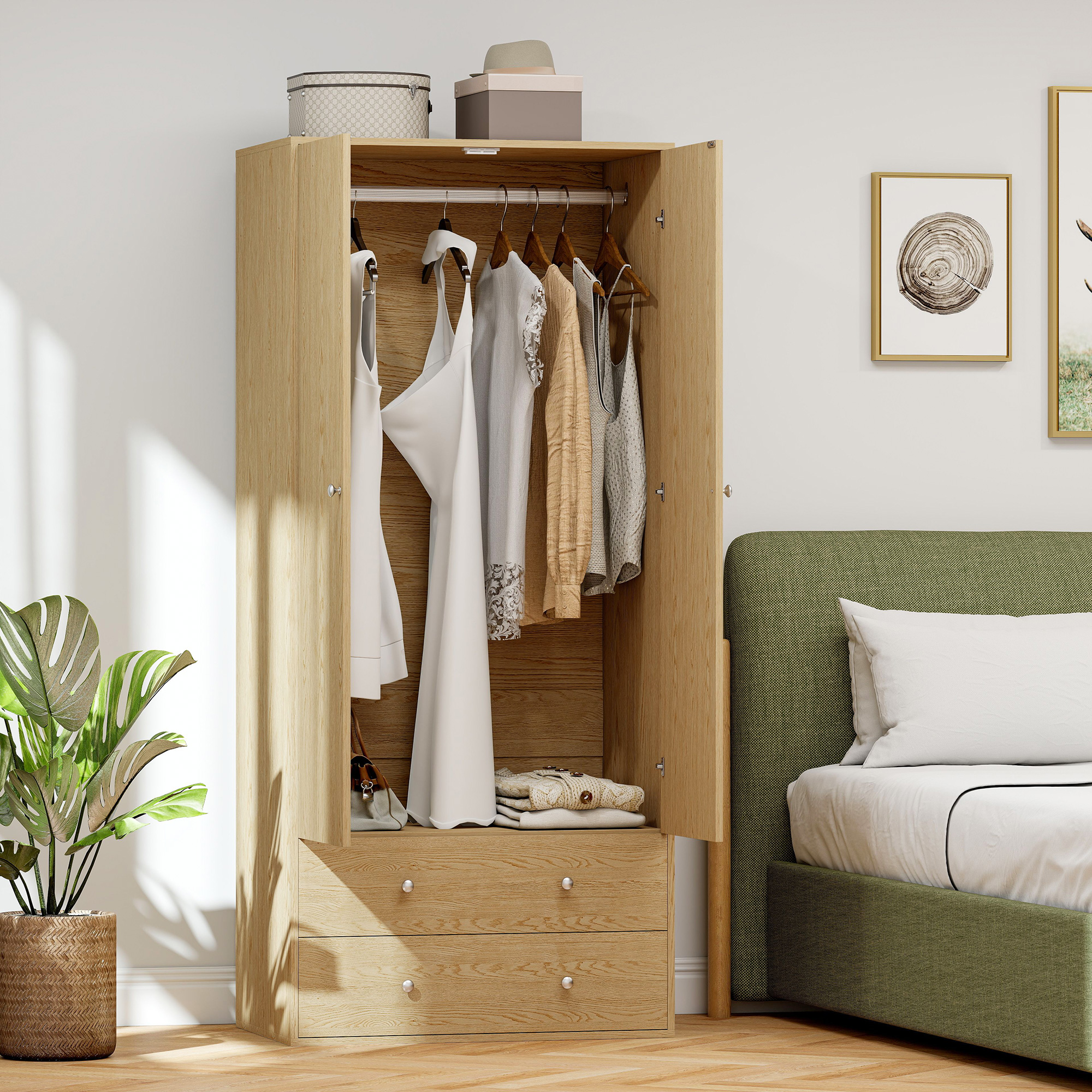 HOMCOM Wardrobe Closet Armoire with Drawers & Hanging Rail for