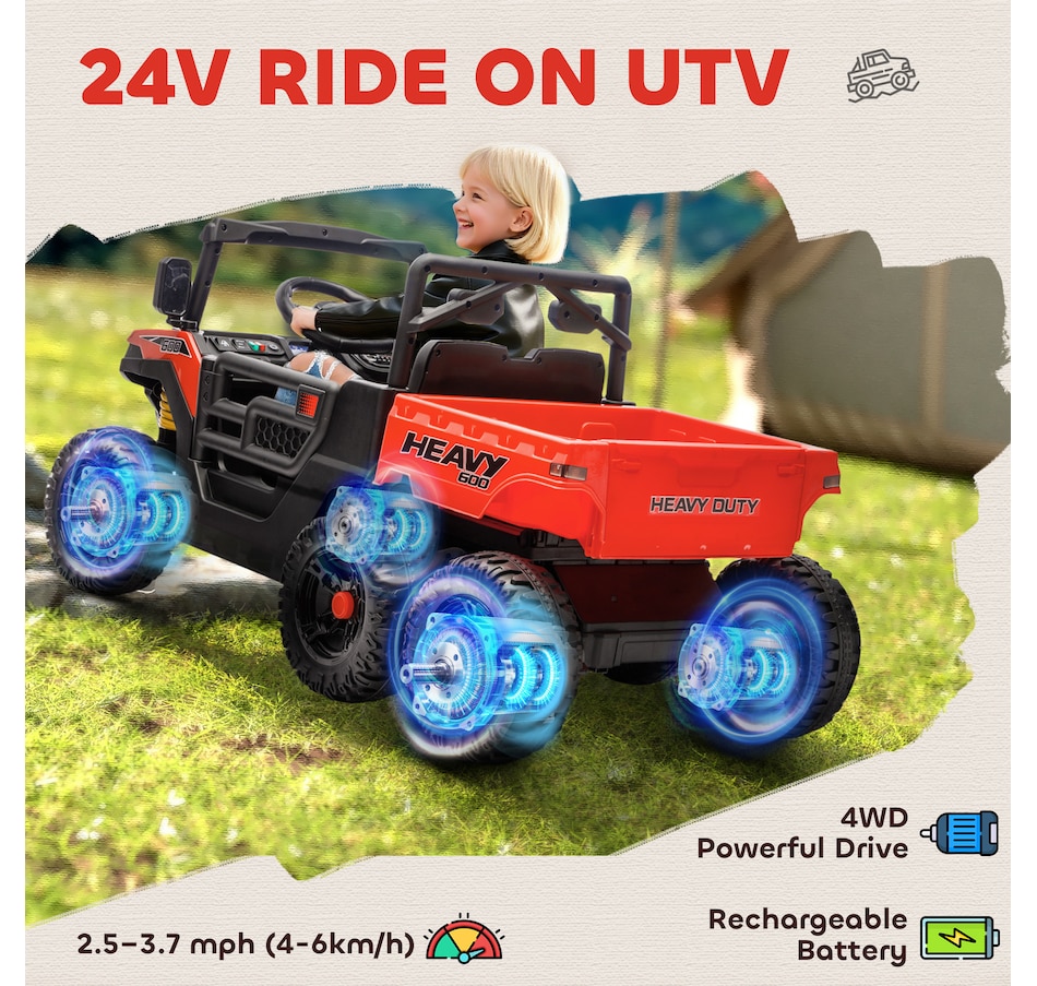 Image 929627_ALTMORE3.jpg, Product 929-627 / Price $329.99, Qaba 24V 4WD Kids Ride On Truck with 6 Wheels and Dump Bed, Red from Qaba on TSC.ca's Toys & Hobbies department