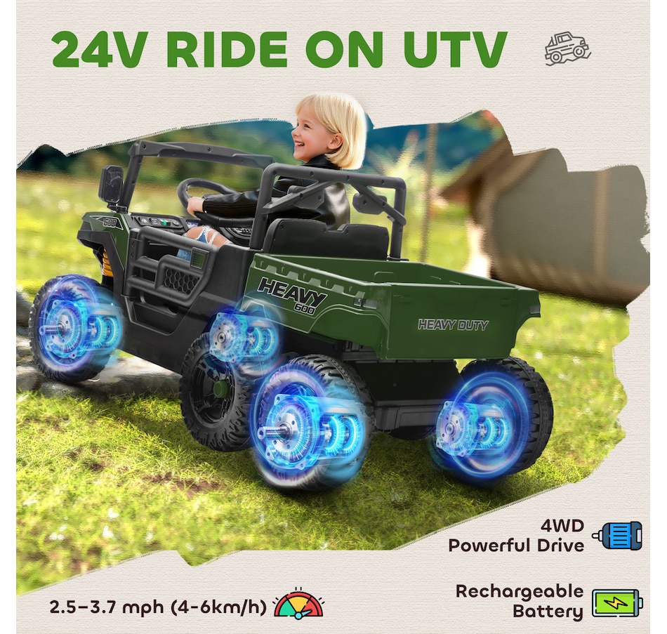 Image 929630_ALTMORE3.jpg, Product 929-630 / Price $289.99, Qaba 24V 4WD Kids Ride On Truck with 6 Wheels and Dump Bed, Green from Qaba on TSC.ca's Toys & Hobbies department