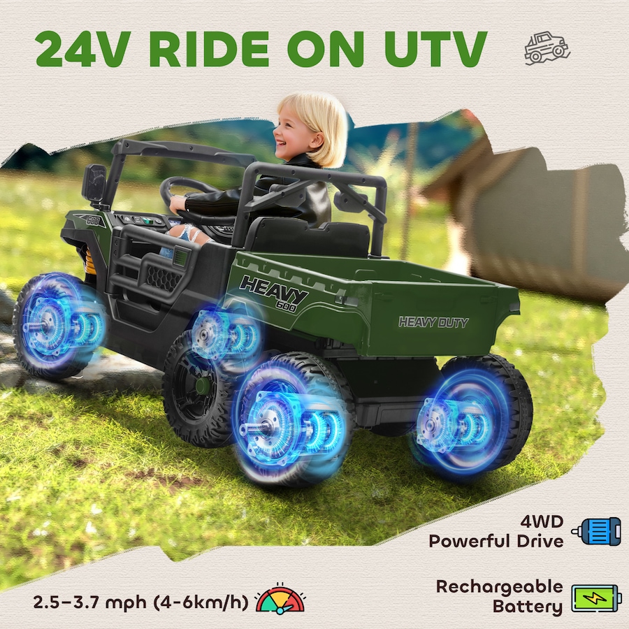 Image 929630_ALTMORE3.jpg, Product 929-630 / Price $339.99, Qaba 24V 4WD Kids Ride On Truck with 6 Wheels and Dump Bed, Green from Qaba on TSC.ca's Toys & Hobbies department