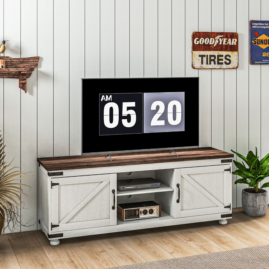 Image 929642_ALTMORE1.jpg, Product 929-642 / Price $229.99, HOMCOM Farmhouse TV Stand for up to 65" TV with Barn Doors Distressed White from HOMCOM on TSC.ca's Home & Garden department